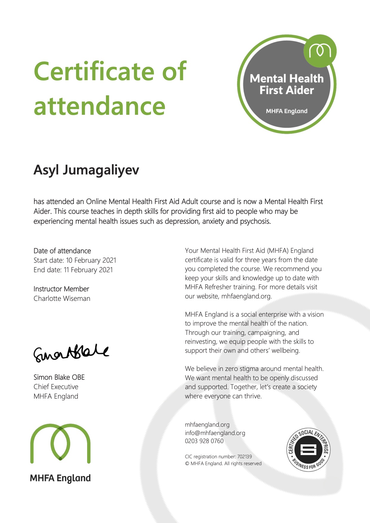 Mental Health First Aider certificates